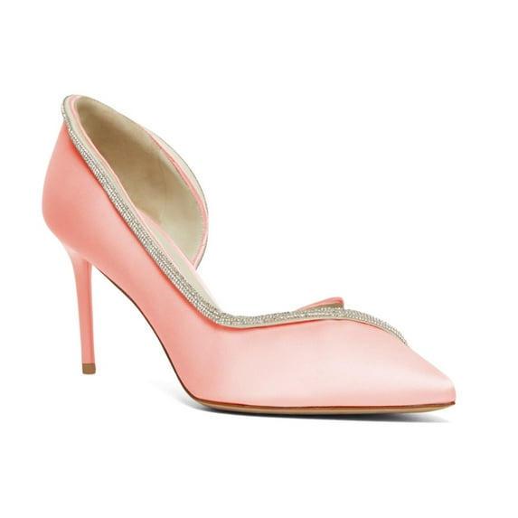 XYD Women Pointed Toe Sparkly Rhinestone D'orsay Pumps Slip on Mid Stiletto Heels Elegant Party Prom Shoes Size 8 Pink