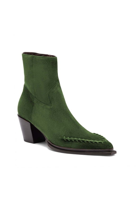 Women Pointed Toe Western Ankle Boots Stitching Chunky Block Heel Booties Zip-up Fashion Shoes Size 10 Green