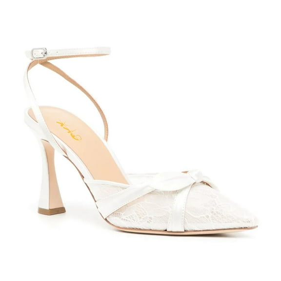 XYD Women Pointy Toe Bowknot Slingback Pumps Lace Ankle Strap High Heels Elegant Wedding Dressy Sandal Shoes Size 15.5 White