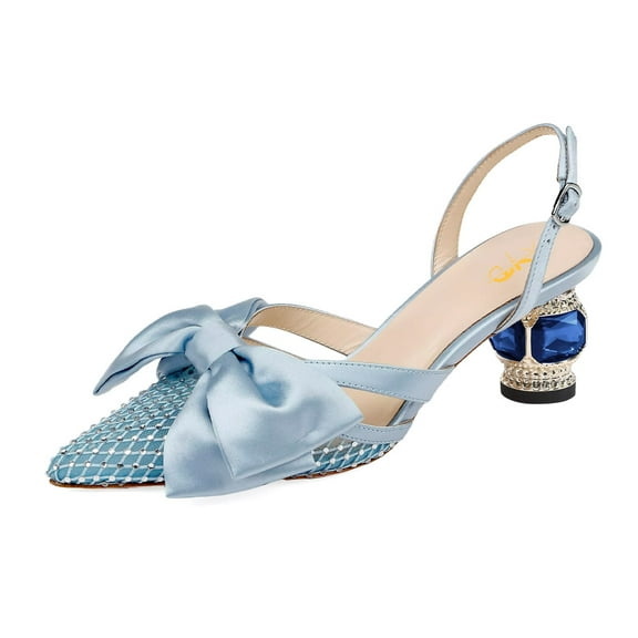 XYD Women Pointy Toe Slingback Pumps Satin Bowknot Chunky Low Heel Sandals Crystals Dress Wedding Shoes Size 10 Sky Blue