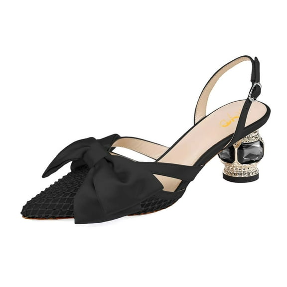XYD Women Pointy Toe Slingback Pumps Satin Bowknot Chunky Low Heel Sandals Crystals Dress Wedding Shoes Size 14.5 Black