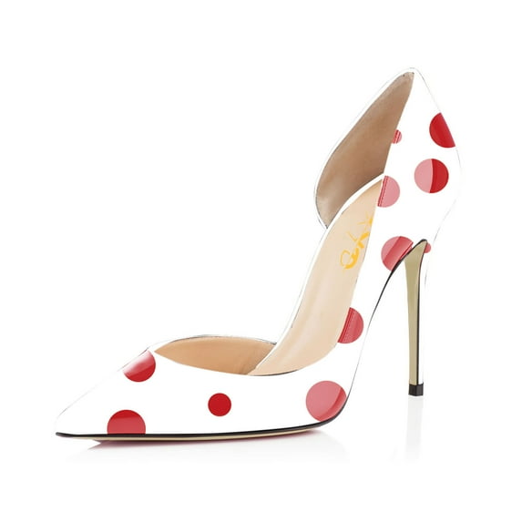 XYD Women Polka Dots D'Orsay Pumps Pointed Toe Stiletto High Heels Slip-on Fashion Club Party Shoes Size 6.5 White Red
