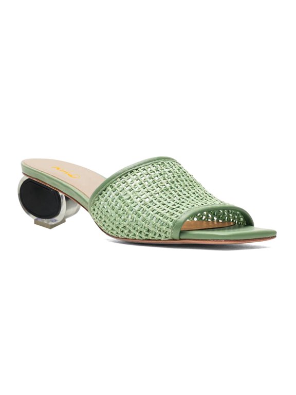 Women Raffia Mesh Open Square Toe Mules Slip-on Low Chunky Heel Slides Sandals Casual Dress Shoes Backless Style Size 4 Green