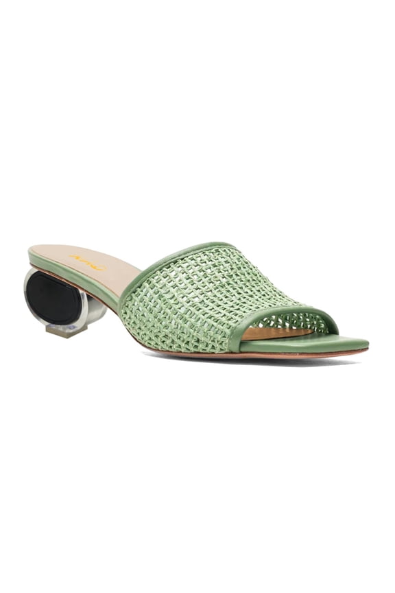 Women Raffia Mesh Open Square Toe Mules Slip-on Low Chunky Heel Slides Sandals Casual Dress Shoes Backless Style Size 4 Green