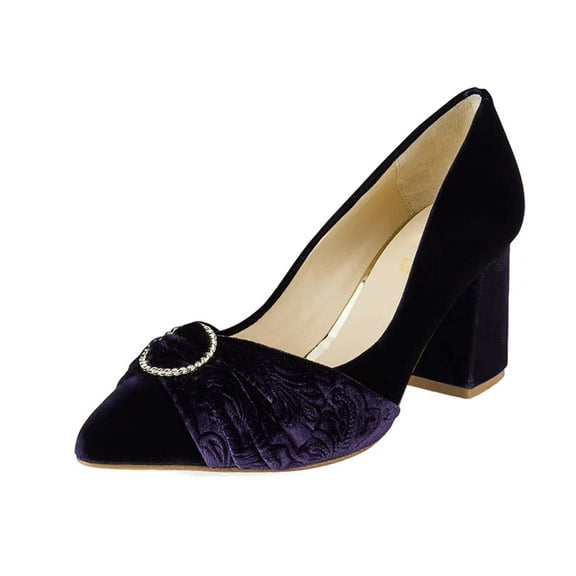 XYD Women Retro Circular Ring Velvet Pumps Block Mid Heels Pointy Close Toe Slip On Wedding Event Shoes Size 4 Purple