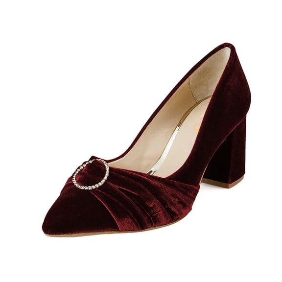 XYD Women Retro Circular Ring Velvet Pumps Block Mid Heels Pointy Close Toe Slip On Wedding Event Shoes Size 9 Dark Red