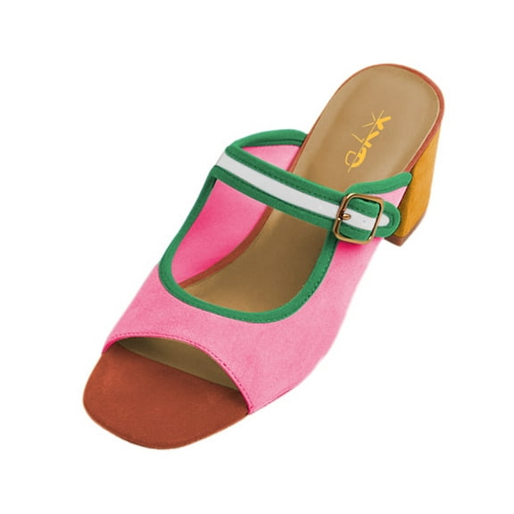 XYD Women Retro Multicolor Square Open Toe Sandals Block Low Heel Mules Buckled Strap Slip On Fashion Shoes Size 4.5 Pink