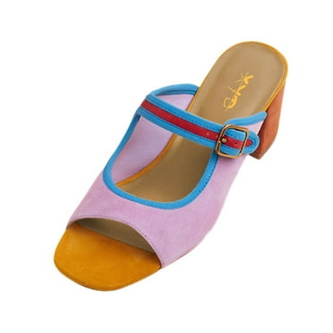 XYD Women Retro Multicolor Square Open Toe Sandals Block Low Heel Mules Buckled Strap Slip On Fashion Shoes Size 7 Purple