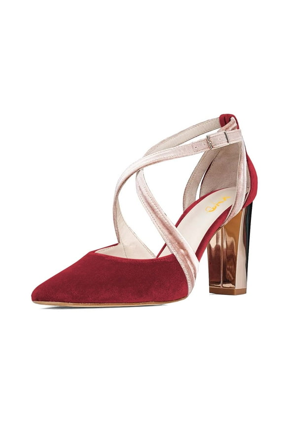 Women Retro Pointed Closed Toe Pumps Chunky Metallic High Heels Crossed Straps D'Orsay Party Velvet Shoes Size 7.5 Red