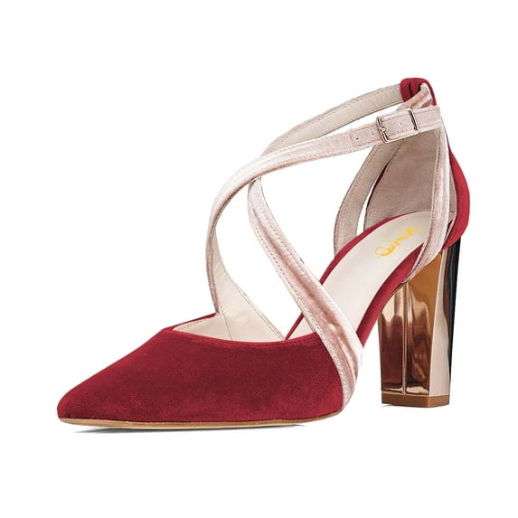 XYD Women Retro Pointed Closed Toe Pumps Chunky Metallic High Heels Crossed Straps D'Orsay Party Velvet Shoes Size 9.5 Red