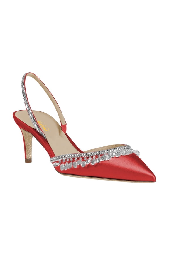 Women Rhinestone Crystal Slingback Pumps Thin Low Heel Backstrap Sandals Elegant Dressy Evening Shoes Size 9 Red