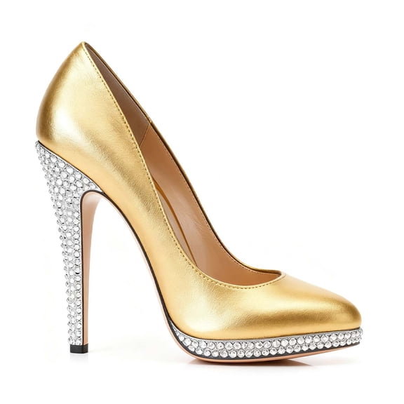 XYD Women Rhinestone Crystals Platform Slip-on Pumps Pointed Toe Stiletto Heels Elegant Formal Evening Shoes Size 7 Gold