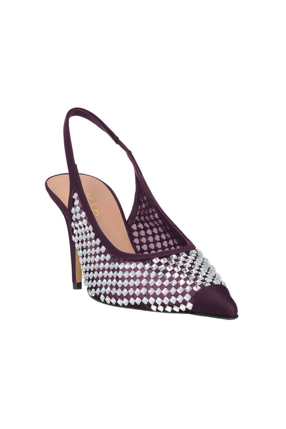 Women Rhinestone Studs Sheer Mesh Slingback Pumps Pointed Toe Mid Thin Heels Evening Party Formal Shoes Size 12 Purple