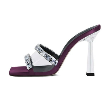 XYD Women Rhinestones Square Open Toe Stiletto High Heel Slipper Sandals Slip On Mules Summer Dressy Shoes Size 7 Purple