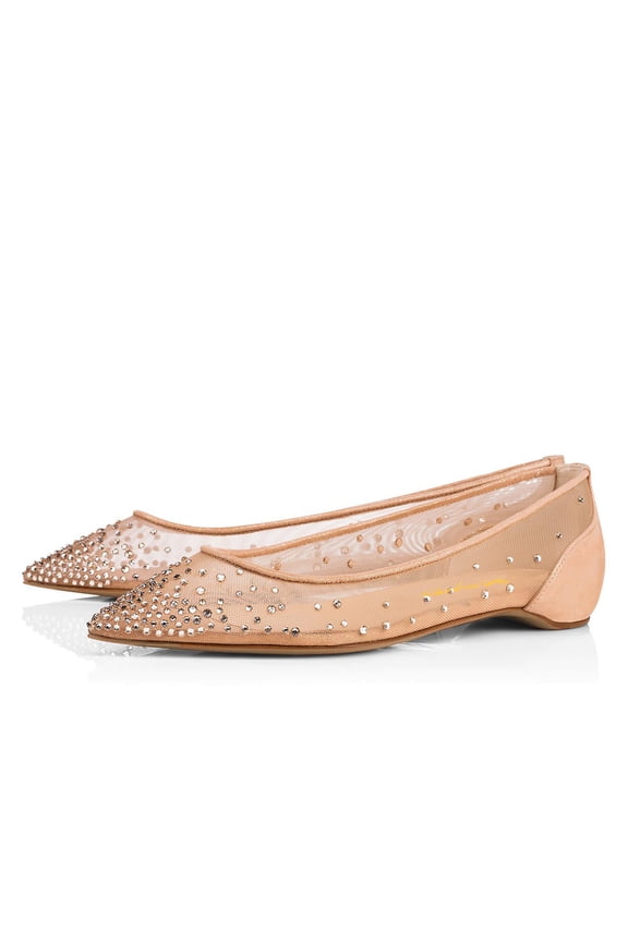 Women Rhinestones Studded Mesh Pointy Closed Toe Ballet Flats Slip On Dress Bride Shoes Size 7.5 Nude