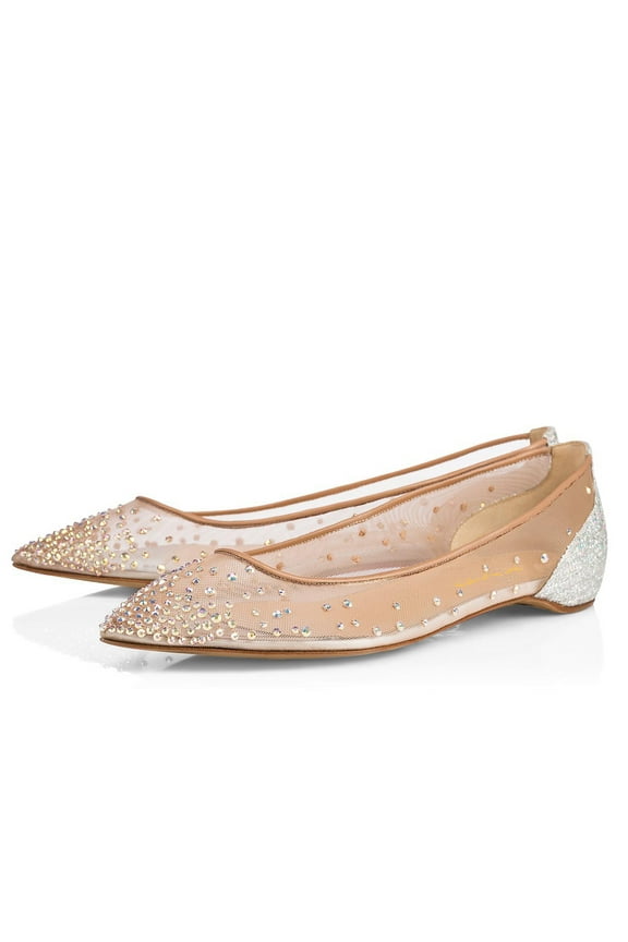 Women Rhinestones Studded Mesh Pointy Closed Toe Ballet Flats Slip On Dress Bride Shoes Size 7 Nude Silver