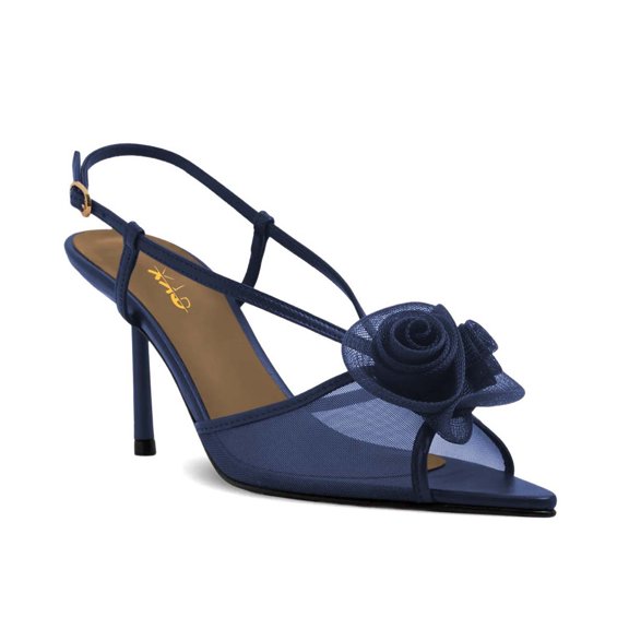 XYD Women Rose Mesh Slingback Pumps Peep Toe Thin High Heel Sandals Elegant Evening Dinner Prom Shoes Size 5 Blue