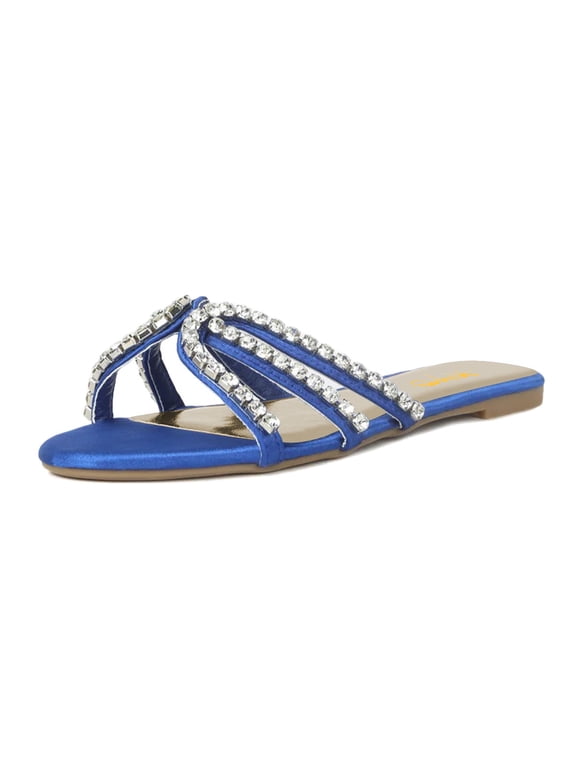 Women Round Open Toe Flats Slippers Crystal Studded Straps Slides Sandals Beach Comfortable Shoes Size 4 Blue