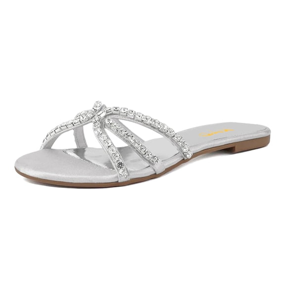 XYD Women Round Open Toe Flats Slippers Crystal Studded Straps Slides Sandals Beach Comfortable Shoes Size 5.5 Silver