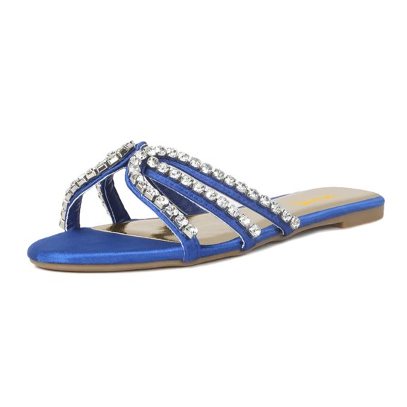 XYD Women Round Open Toe Flats Slippers Crystal Studded Straps Slides Sandals Beach Comfortable Shoes Size 6 Blue