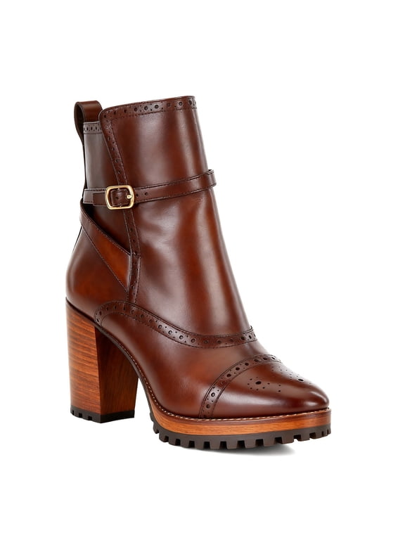 Women Round Toe Perforated Ankle Boots Lug Sole Wooden Block Heel Buckled Strap Platform Side Zip Booties Casual Shoes Size 10 Brown
