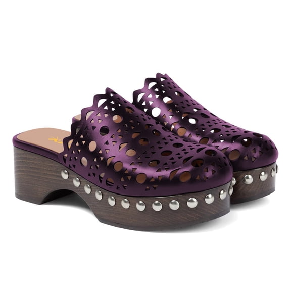 XYD Women Round Toe Platform Mule Clogs Stylish Studs Cut-Outs Block Chunky Heels Slip-on Casual Weekend Shoes Size 4 Purple