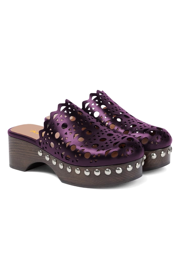 Women Round Toe Platform Mule Clogs Stylish Studs Cut-Outs Block Chunky Heels Slip-on Casual Weekend Shoes Size 4 Purple
