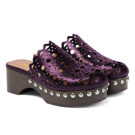 XYD Women Round Toe Platform Mule Clogs Stylish Studs Cut-Outs Block Chunky Heels Slip-on Casual Weekend Shoes Size 6.5 Purple