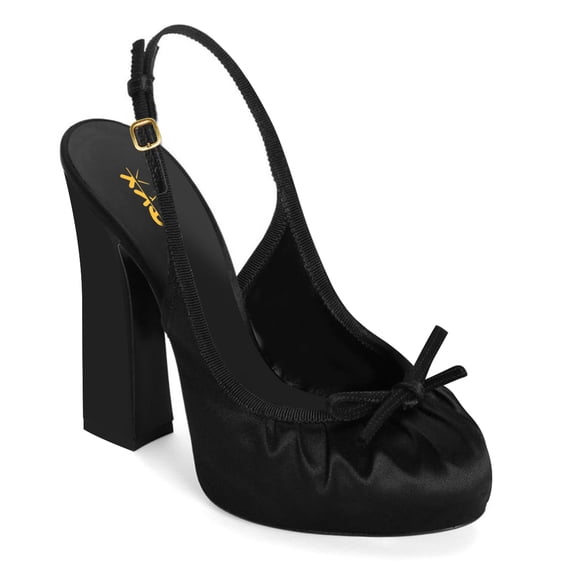 XYD Women Round Toe Platform Slip On Pumps Bows Slingback Strap Buckle Block High Heels Evening Dress Prom Shoes Size 11 Black