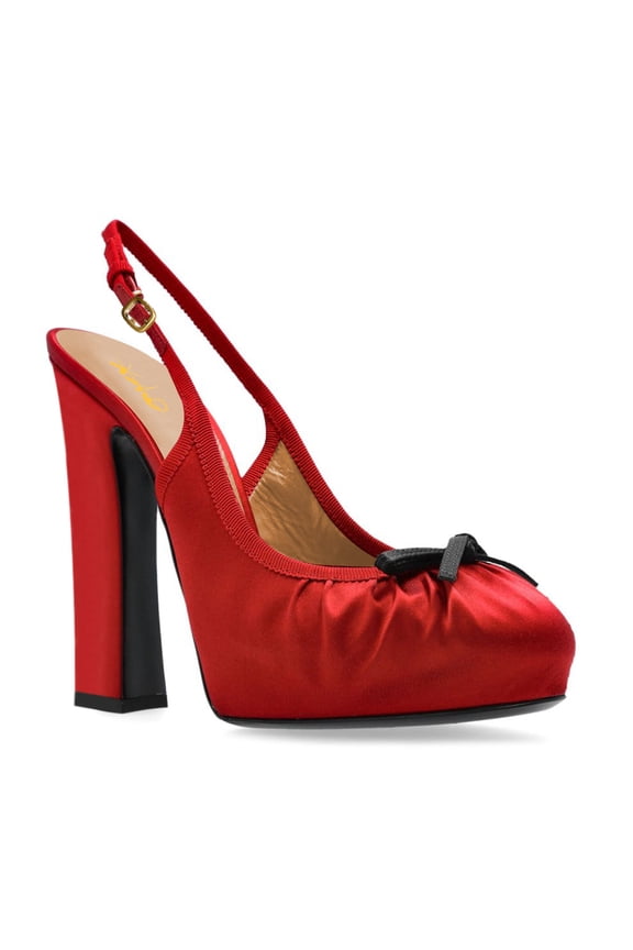 Women Round Toe Platform Slip On Pumps Bows Slingback Strap Buckle Block High Heels Evening Dress Prom Shoes Size 12.5 Red