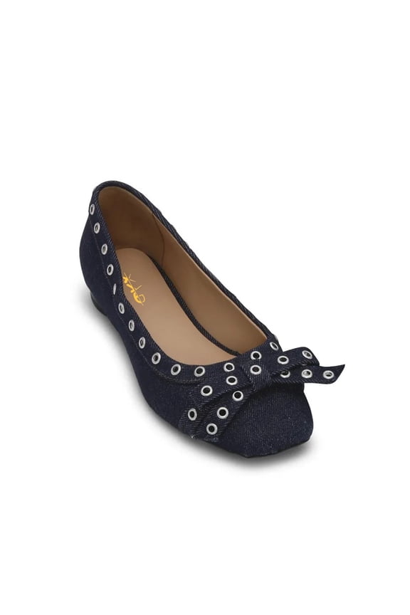 Women Rounded Square Toe Ballet Flats Metal Studs Bowknot Daily Work Comfy Slip-ons Shoes Size 4 Navy Denim