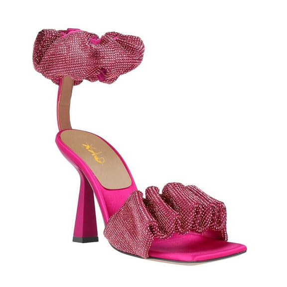 XYD Women Ruffled Rhinestone Open Square Toe Sandals Ankle Strap Spool High Heels Shiny Prom Evening Dressy Shoes Size 10.5 Pink