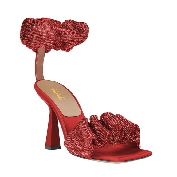 XYD Women Ruffled Rhinestone Open Square Toe Sandals Ankle Strap Spool High Heels Shiny Prom Evening Dressy Shoes Size 5.5 Red