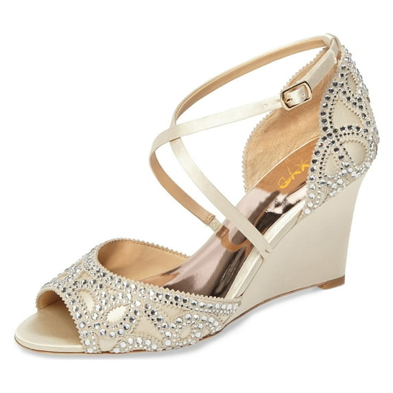 XYD Women Sandals Peep Toe Crisscross Strap Rhinestones Studs Wedge High Heel Wedding Party Dress Shoes Size 4.5 Beige