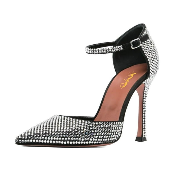 XYD Women Sexy Ankle Strap Stiletto High Heel Pumps Pointed Closed Toe Rhinestone Studs Dazzling Bridal Shoes Size 15 Black