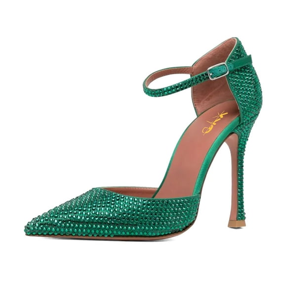 XYD Women Sexy Ankle Strap Stiletto High Heel Pumps Pointed Closed Toe Rhinestone Studs Dazzling Bridal Shoes Size 7 Green