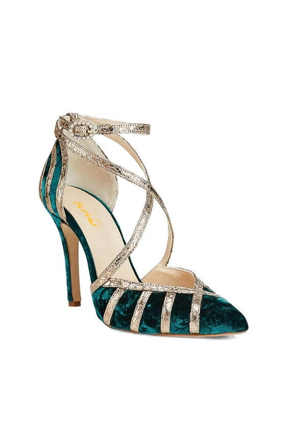 Women Sexy Pointed Toe Cross Strap D'orsay Pumps Ankle Strap with Pearl Buckle Thin High Heels Themed Party Evening Shoes Size 10.5 Forest-velvet