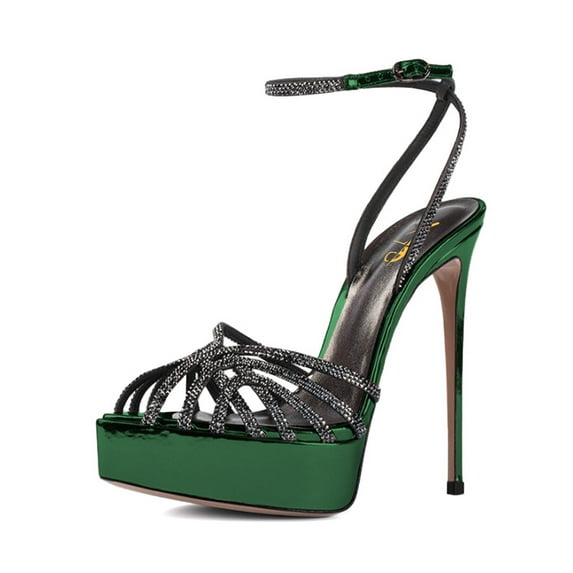 XYD Women Sexy Rhinestone Caged Peep Toe Ankle Strap Sandals Stilettos Platform High Heel Pumps Fashion Shoes Size 14.5 Green