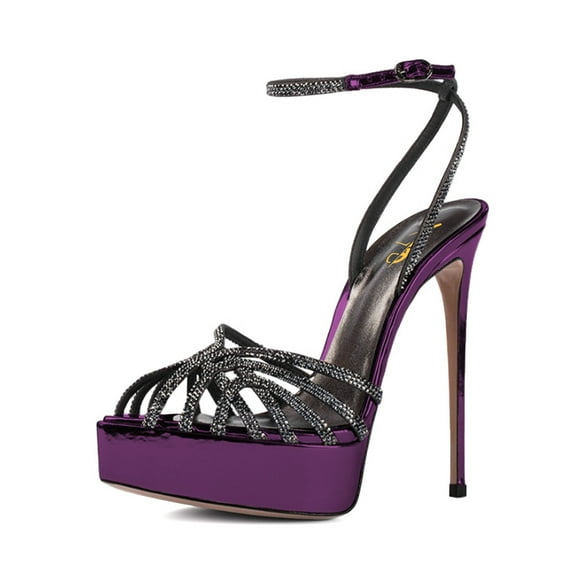XYD Women Sexy Rhinestone Caged Peep Toe Ankle Strap Sandals Stilettos Platform High Heel Pumps Fashion Shoes Size 16 Purple