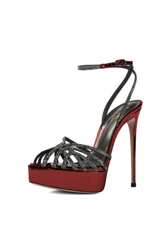 Women Sexy Rhinestone Caged Peep Toe Ankle Strap Sandals Stilettos Platform High Heel Pumps Fashion Shoes Size 16 Red