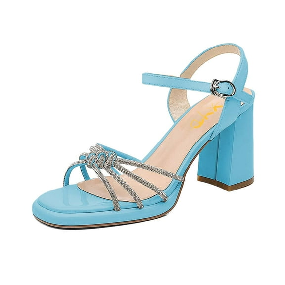 XYD Women Sexy Rhinestones Open Toe Sandals Chunky High Heel Buckled Ankle Strap Pumps Party Summer Shoes Size 7 Blue