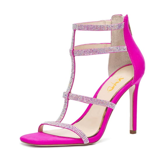 XYD Women Sexy Rhinestones Strappy Cutout Sandals Stiletto High Heel Open Square Toe Back Zipper Party Dressy Shoes Size 10 Pink