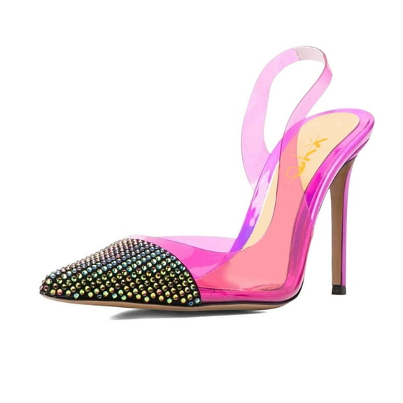 XYD Women Sexy Transparent Pumps Sparkly Rhinestones Pointed Toe Stiletto High Heel Slip On Slingback Shoes Size 4 Pink