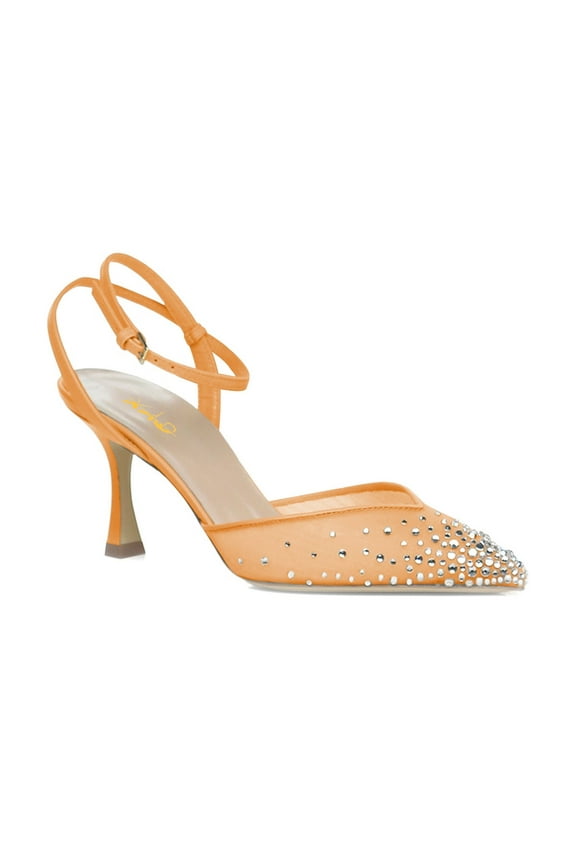 Women Sheer Mesh Pointed Toe Pumps Crystal Ankle Strap Mid Thin Heels Graceful Evening Bridal Shoes Size 7 Orange