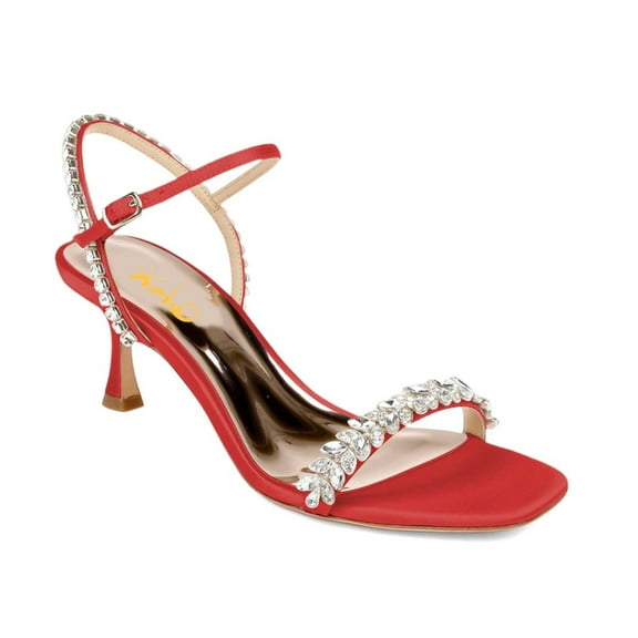XYD Women Shiny Rhinestone Studded Mid Heels Open Square Toe Ankle Strap Sandals Fashion Party Prom Bridal Shoes Size 5 Red