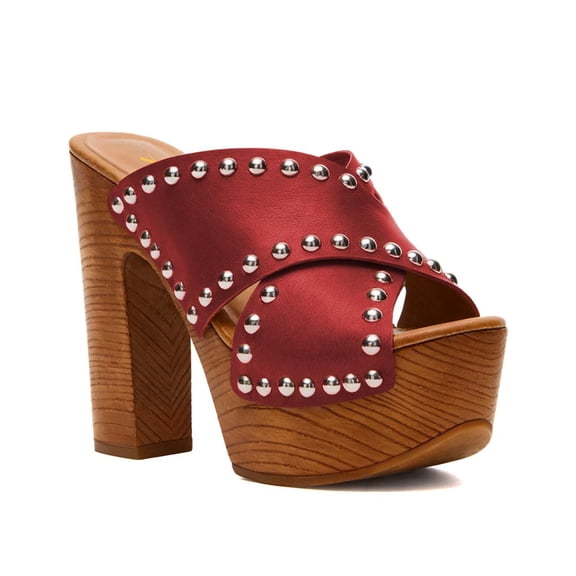 XYD Women Slip-on Clog Mules Crossover Strap Studded Open Toe Slide Sandals Platform Block Heels Party Fashion Shoes Size 9 Red