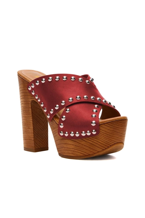 Women Slip-on Clog Mules Crossover Strap Studded Open Toe Slide Sandals Platform Block Heels Party Fashion Shoes Size 9 Red