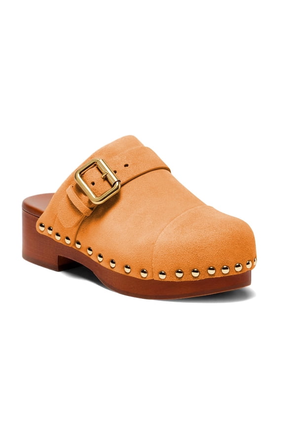 Women Slip-on Mule Clogs Low Chunky Heel Round Toe Gold-studs Adjustable Buckle Strap Cork Daily Comfort Shoes Size 12 Orange