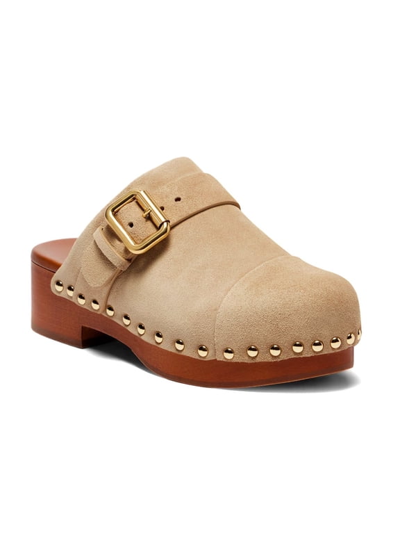 Women Slip-on Mule Clogs Low Chunky Heel Round Toe Gold-studs Adjustable Buckle Strap Cork Daily Comfort Shoes Size 13 Tan