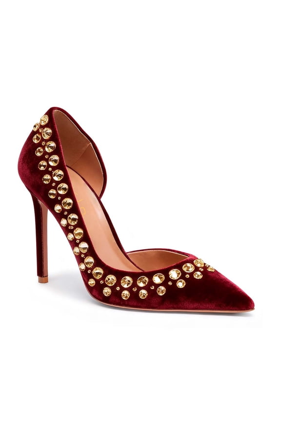 Women Slip-on Pumps D'Orsay High Heels Sparkling Crystals Closed Pointed Toe Formal Evening Shoes Size 4 Red